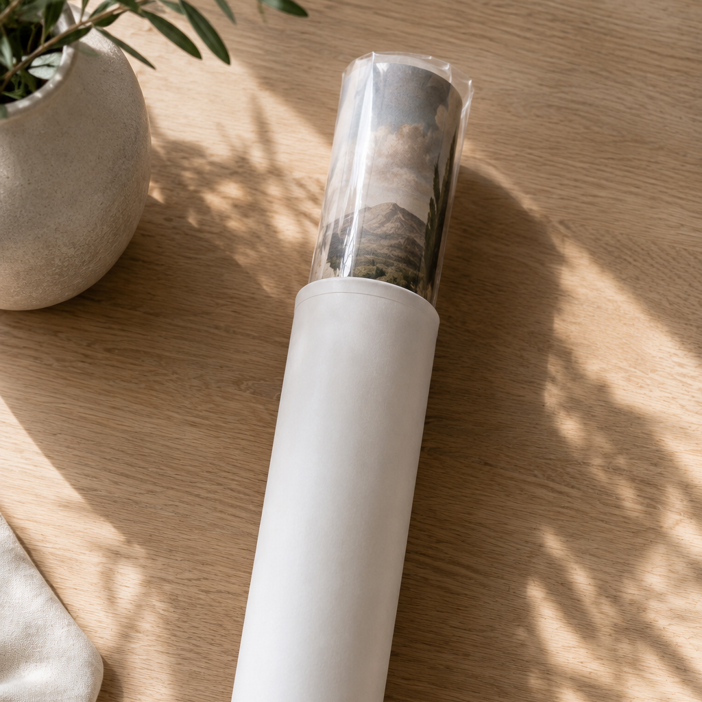 A rolled-up white canvas or print wrapped in clear protective plastic, placed diagonally on a light wood tabletop with soft leaf shadows and a small potted plant in the corner.