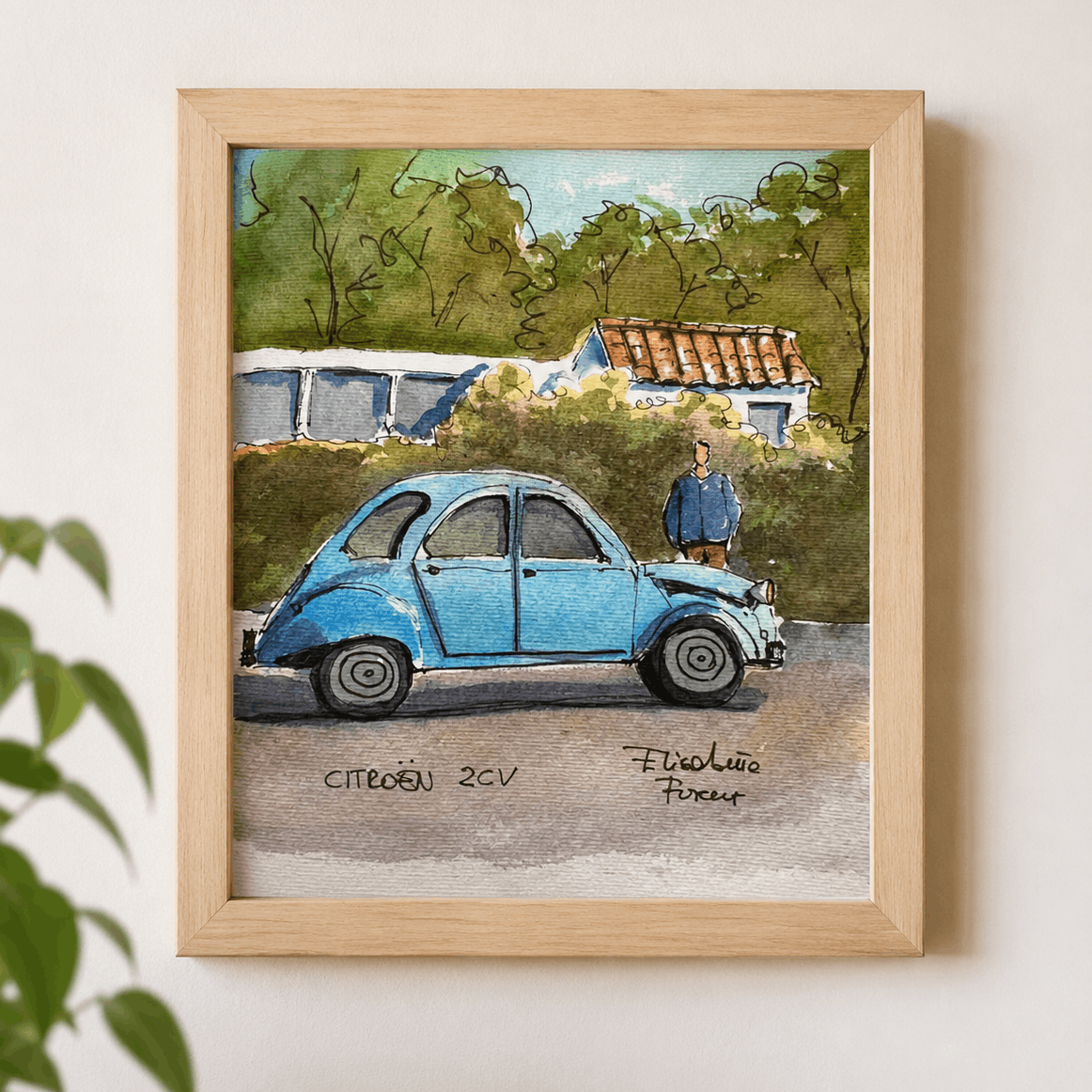 Citroen vintage car watercolor framed painting