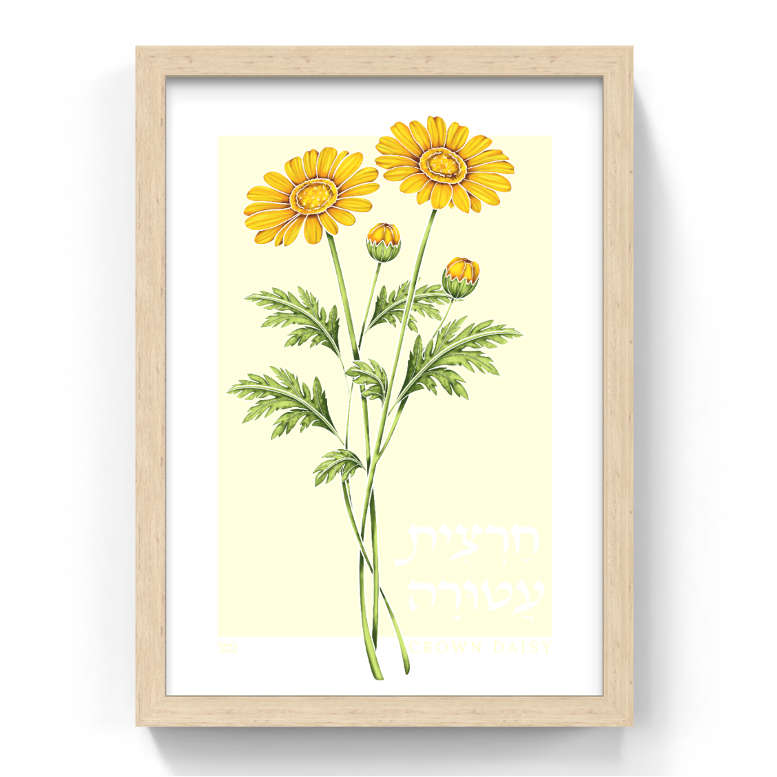 Framed botanical illustration of yellow flowers with green leaves on a white background