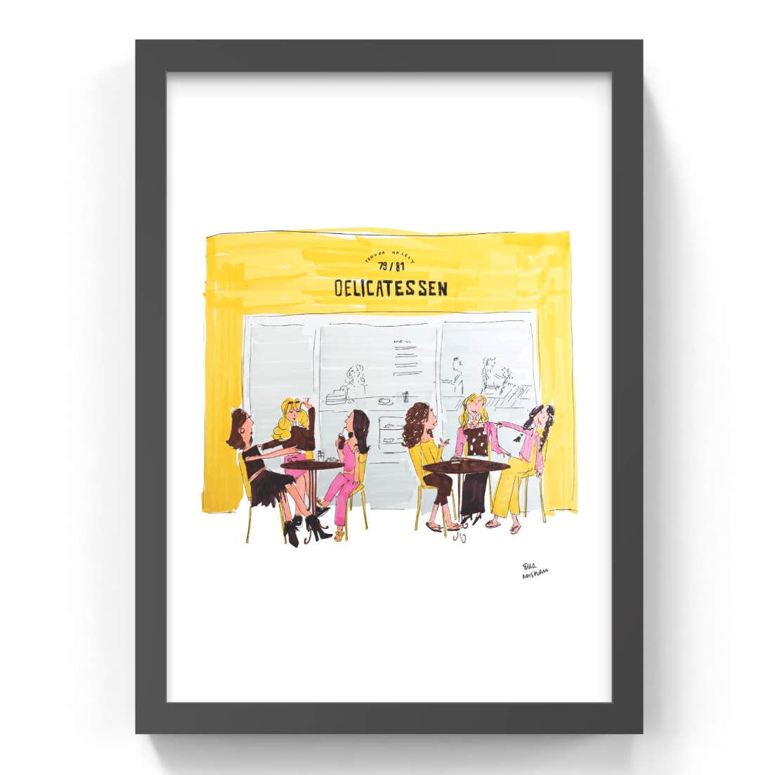 Framed artwork of a deli scene with people at tables, featuring a yellow sign.