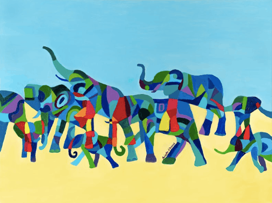 "Colorful Elephant Family" Contemporary Abstract Print by Ariella Charny
