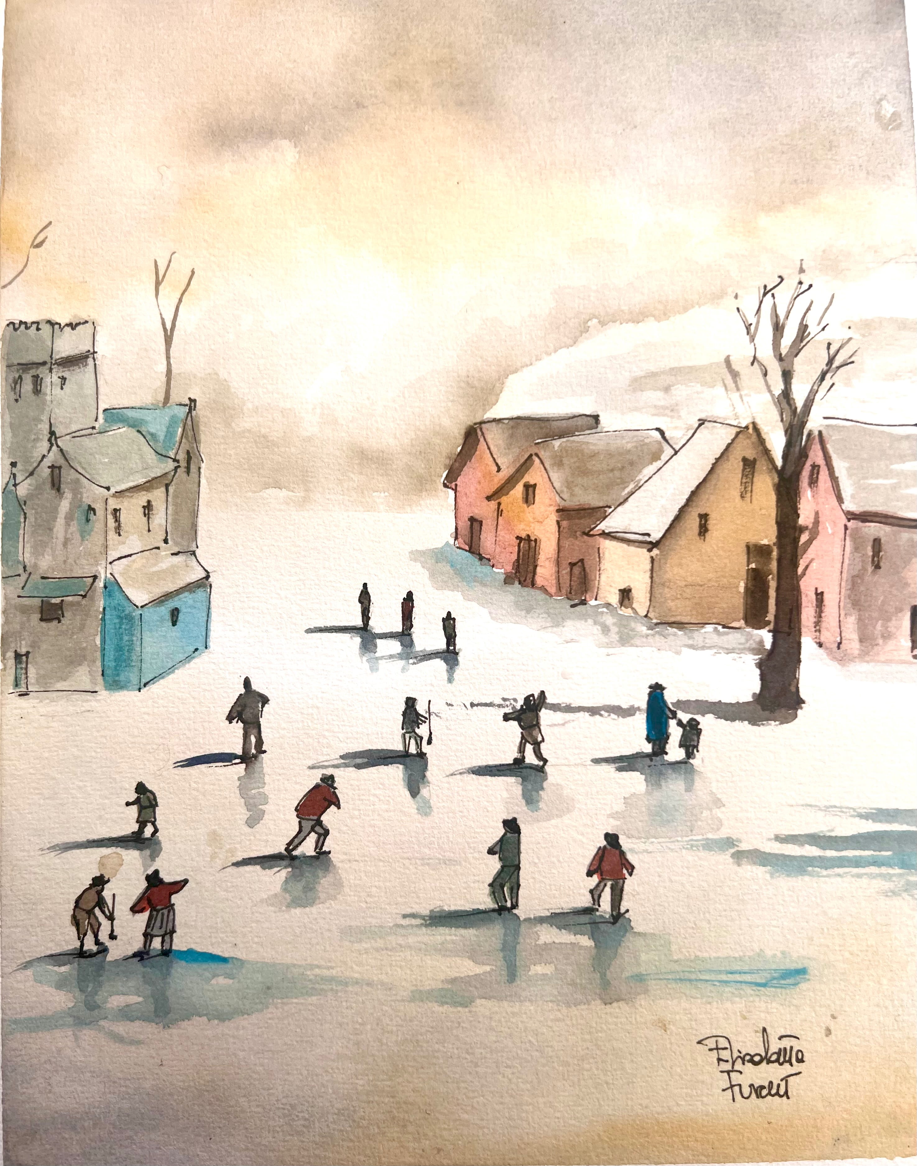 Painting of people ice skating on a frozen pond with houses in the background