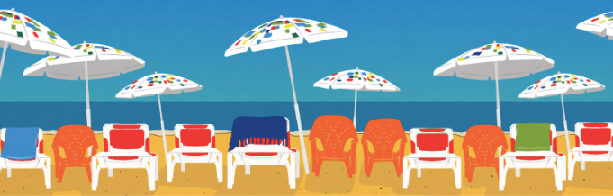 Colorful beach chairs and umbrellas on a sandy beach with blue sky. Tel Aviv art print home Gabby Katten