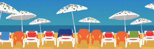 Colorful beach chairs and umbrellas on a sandy beach with blue sky. Tel Aviv art print home Gabby Katten