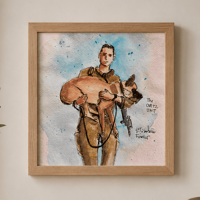 Framed artwork of a soldier holding a dog on a wall above a wooden surface with decor items.