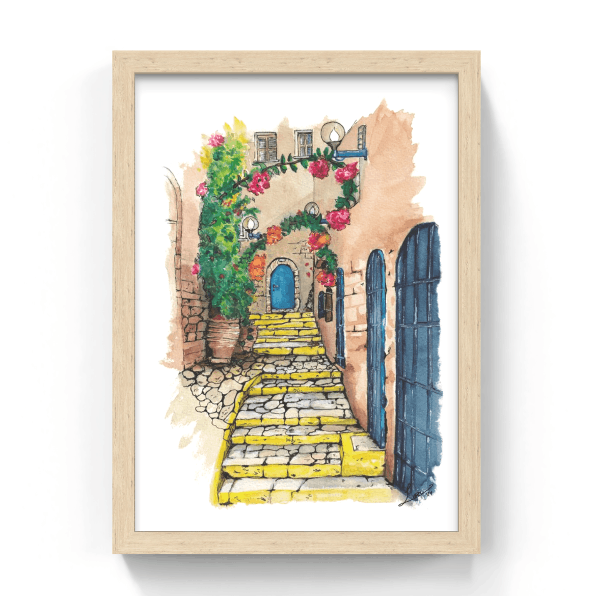 Framed artwork of a colorful street scene in jaffa with flowers and arches.