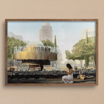 Framed artwork of a woman sitting by Dizengoff fountain in Tel Aviv Israel art Jewish October 7 memorial