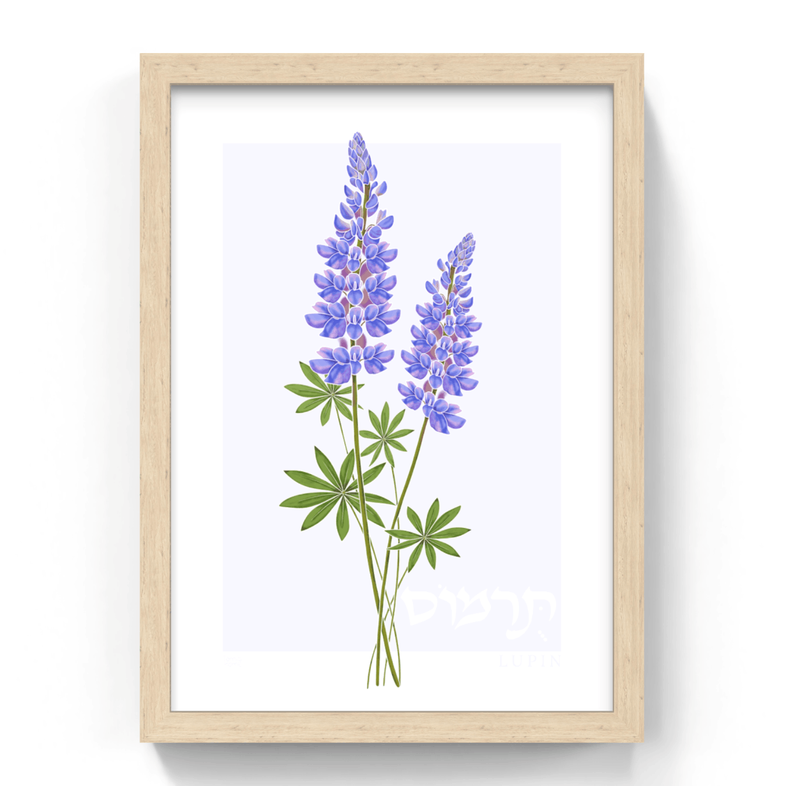 Framed artwork of purple flowers with green leaves on a white background
