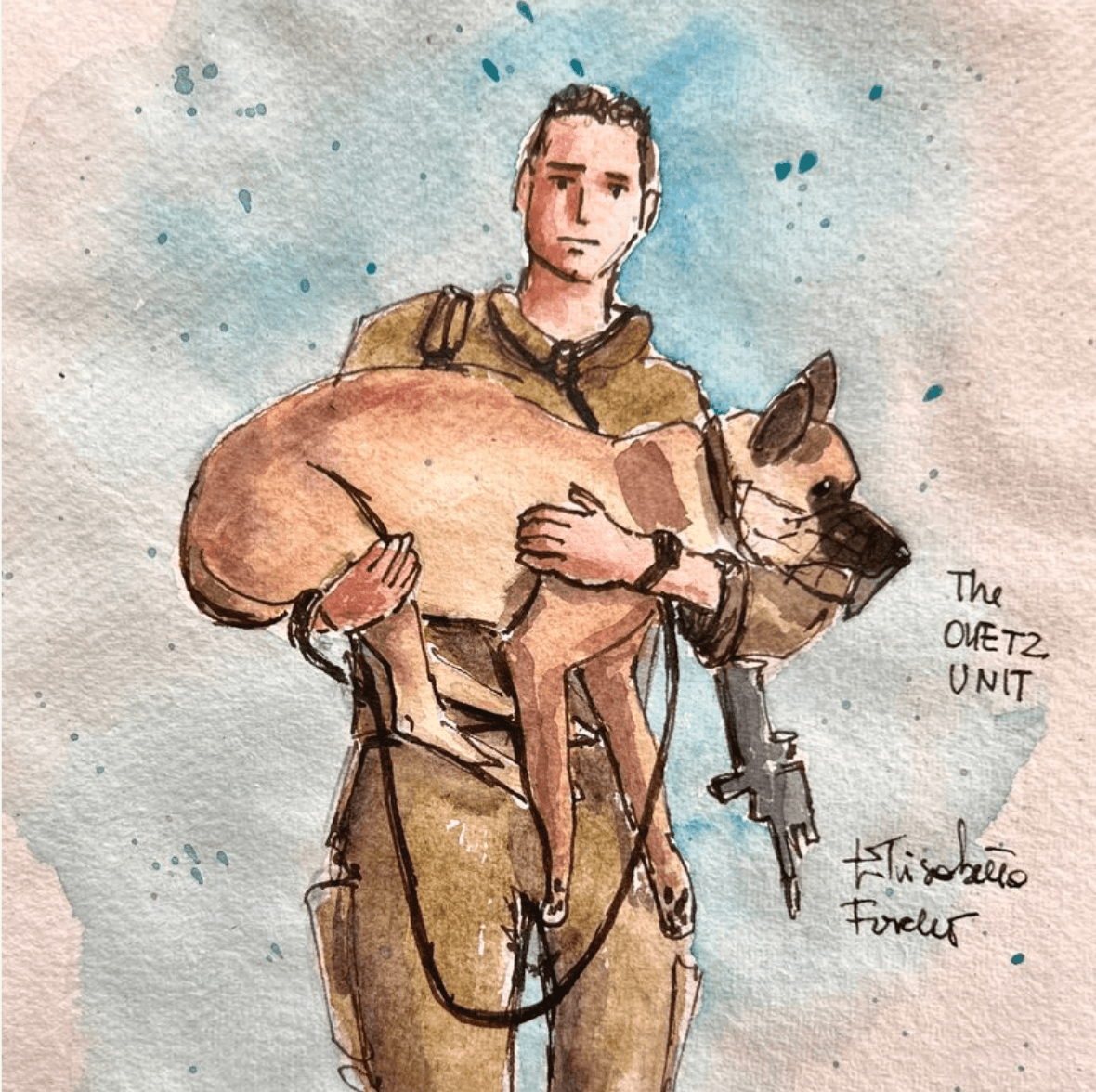 Illustration of a soldier holding a dog with 'The Oketz Unit' text