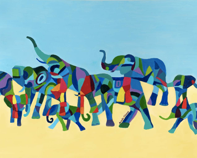 "Colorful Elephant Family" Contemporary Abstract Print by Ariella Charny