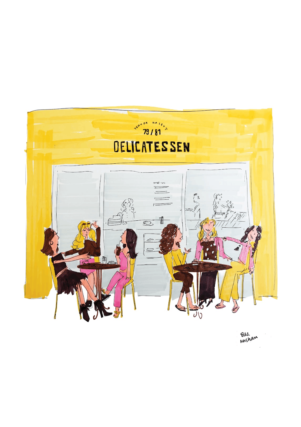 "Gals at Delicatessen" Print by Ella Mishan