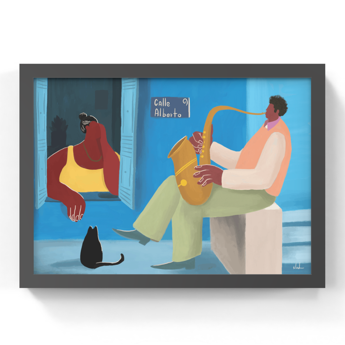 Framed artwork of a man playing a saxophone outside with a woman and a cat.