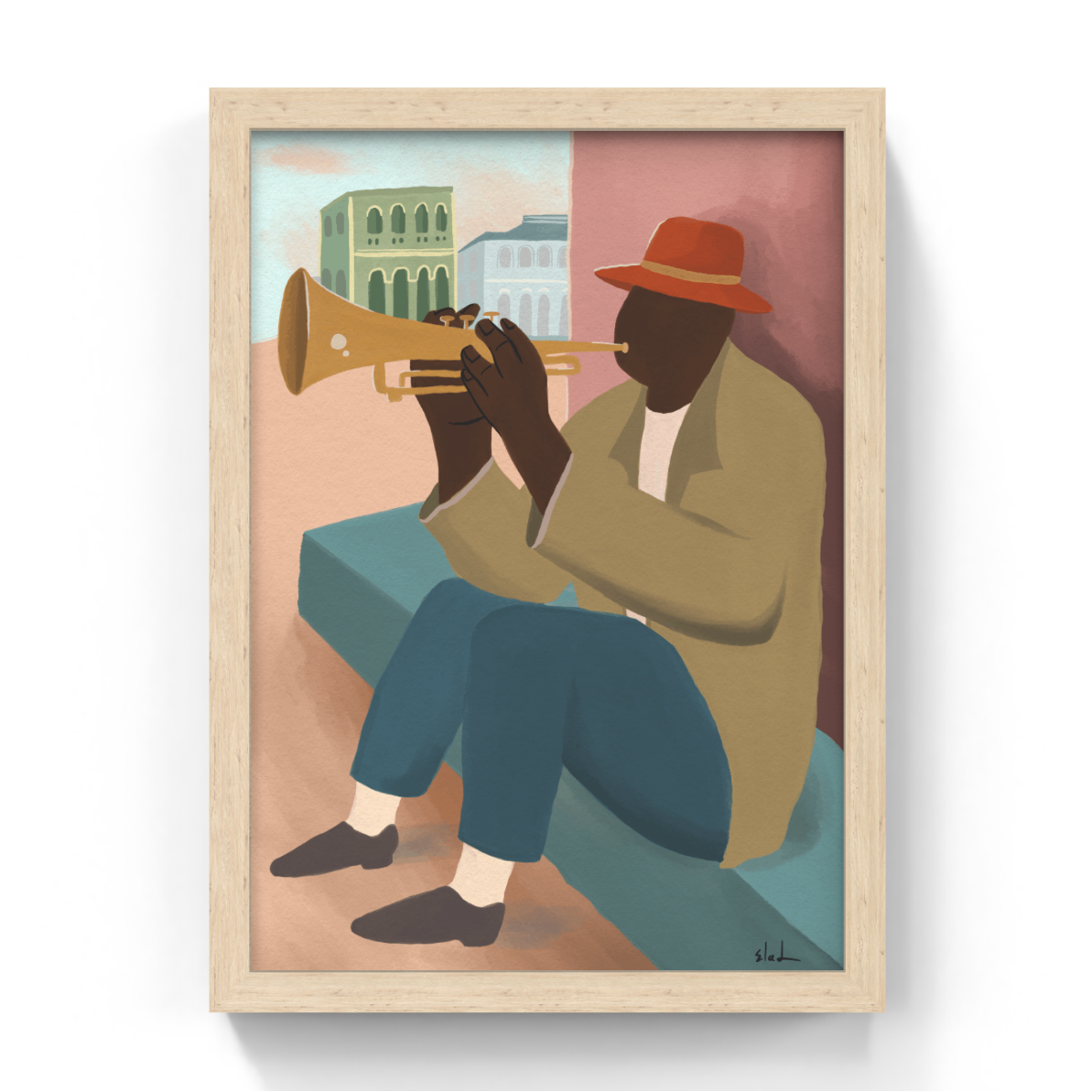 Framed artwork of a man playing a trumpet on a bench with a cityscape background.