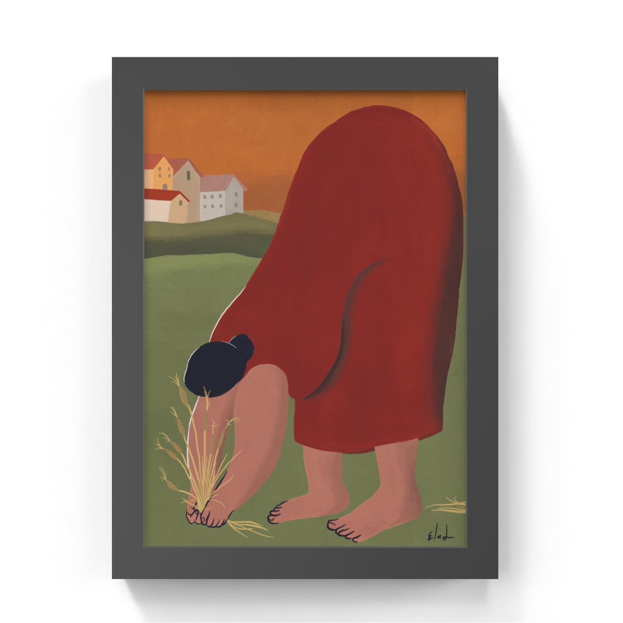 Framed artwork of a woman in a red dress bending over in a field with houses in the background.