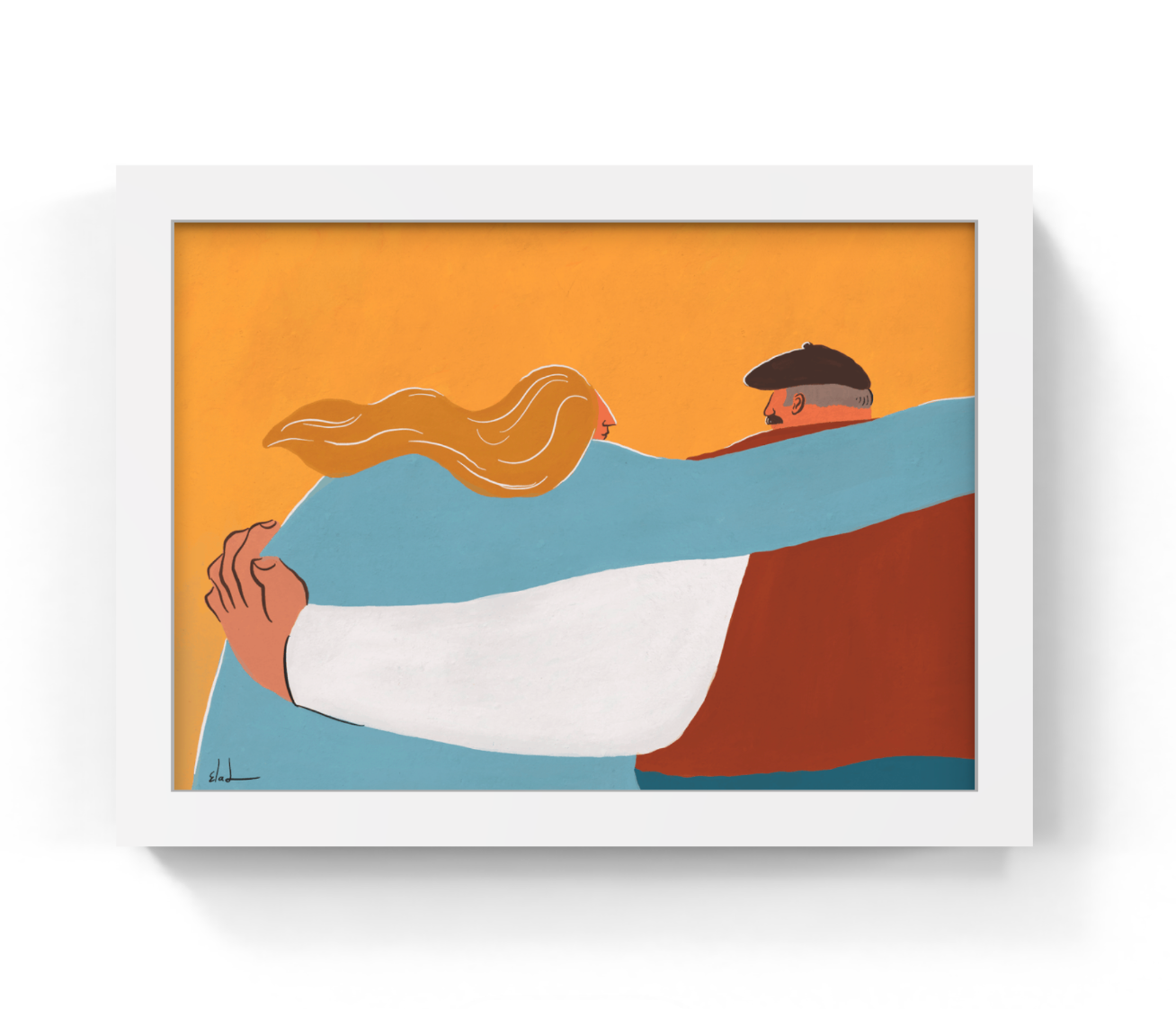 Framed artwork of two people embracing on a yellow background