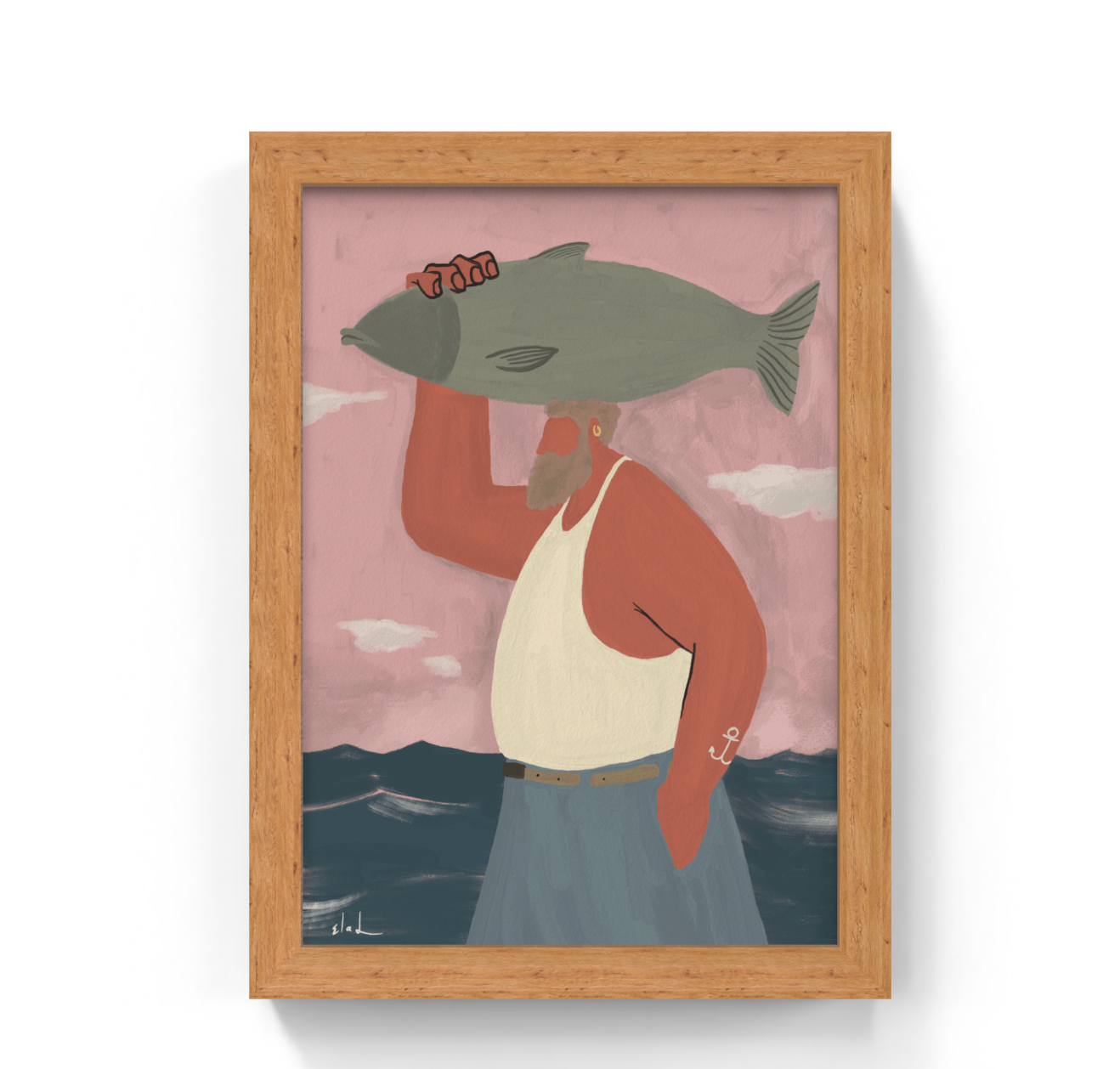 Framed artwork of a sailor holding a fish above their head with a pink sky and blue water background.