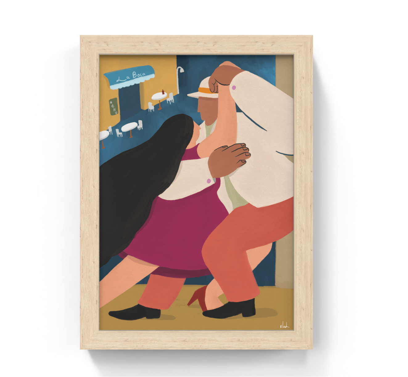 Framed artwork of two people dancing the tango with a cityscape background.