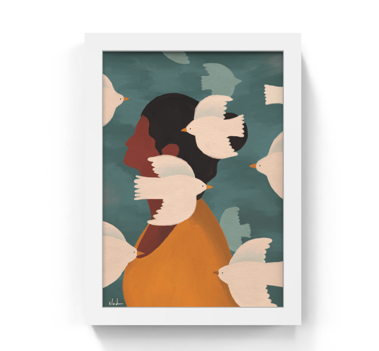 Framed artwork of a stylized portrait with birds on a dark green background