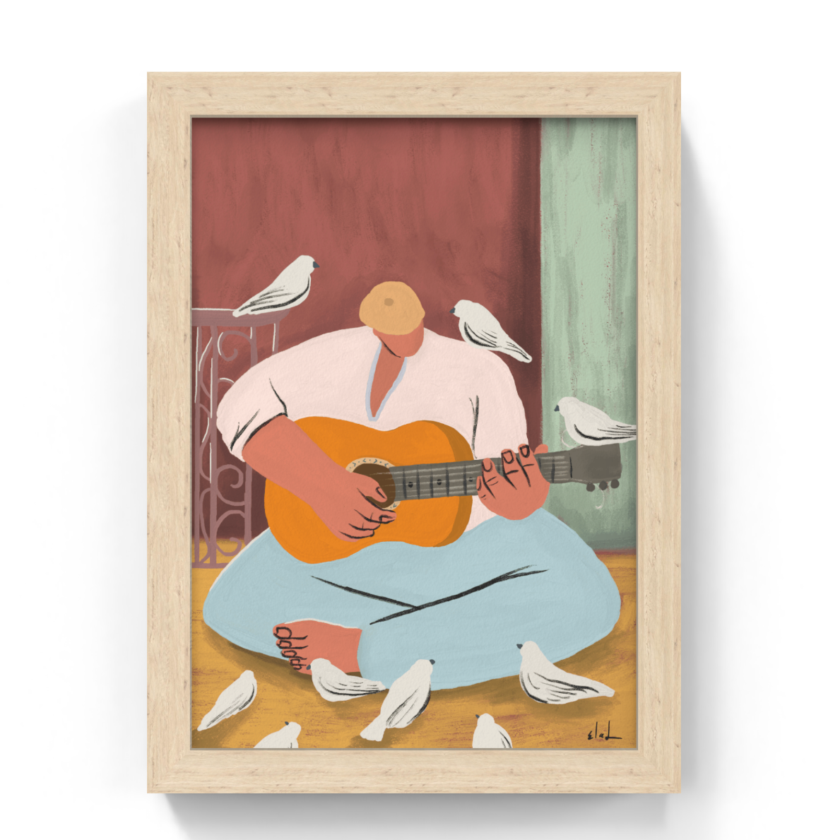 Framed artwork of a man playing guitar with birds around him