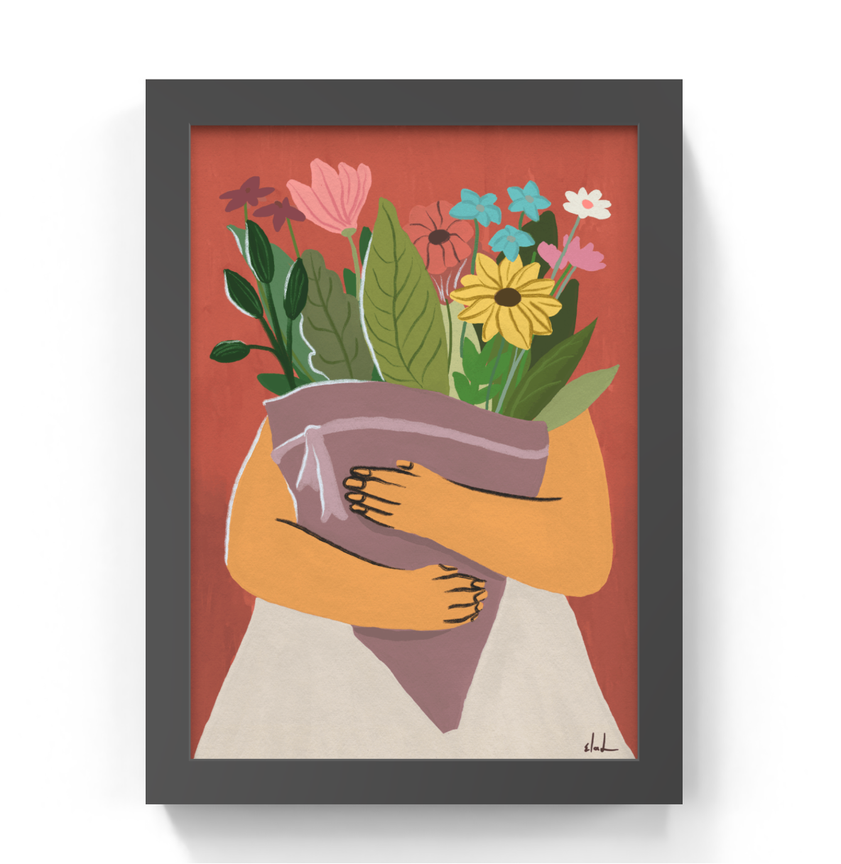 Framed artwork of a person holding flowers with a red background