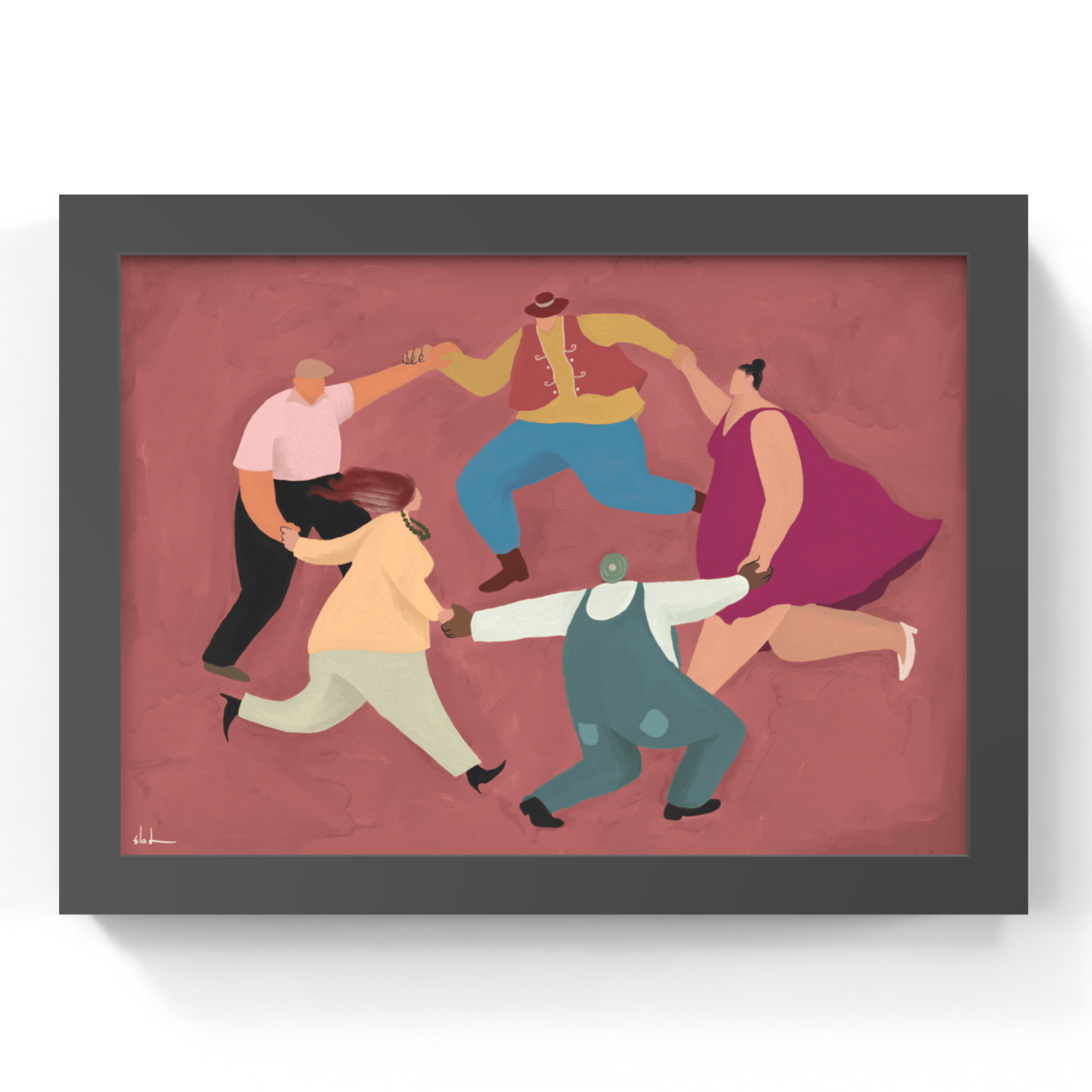 Framed artwork of five people dancing on a red background