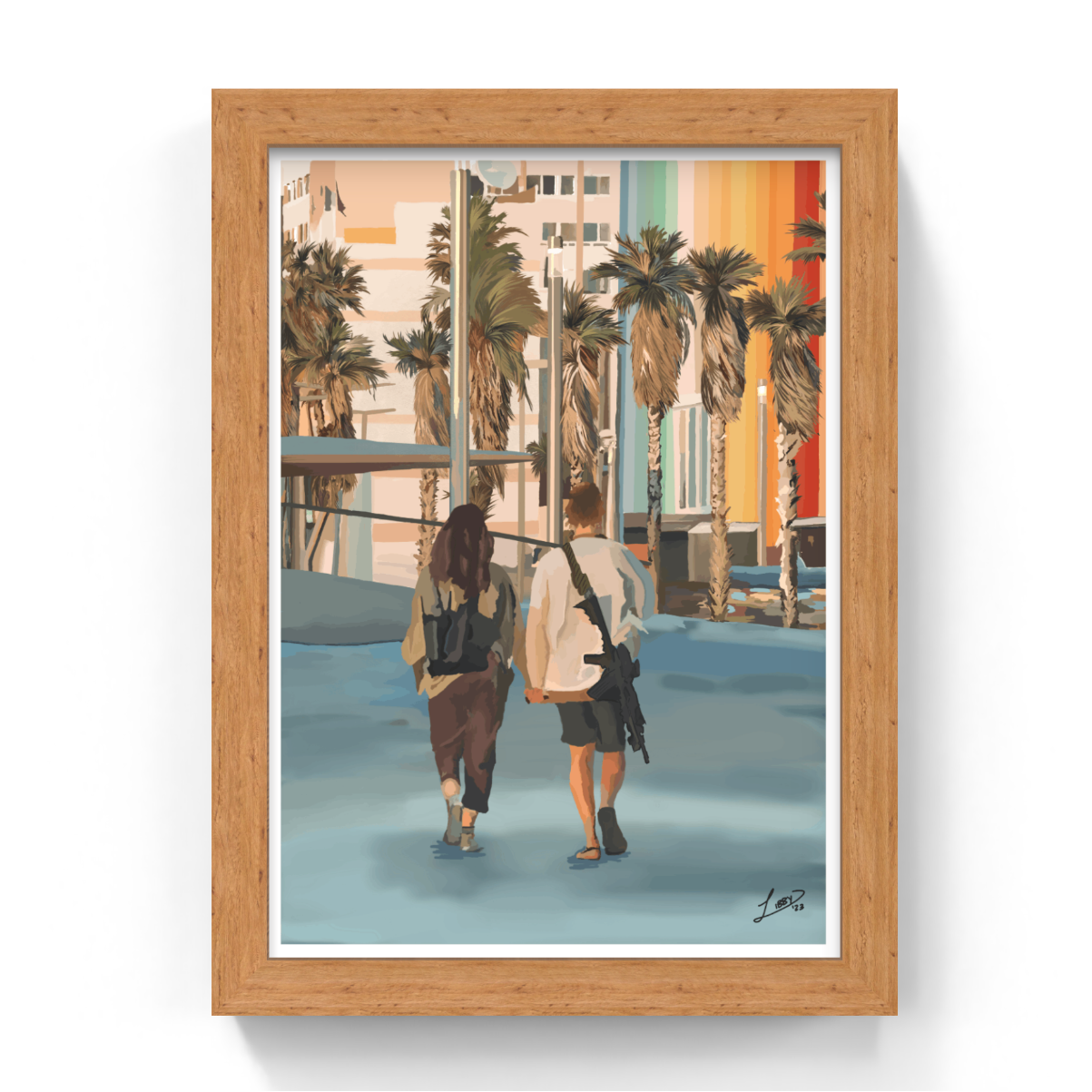 Framed artwork of two people walking under palm trees with the Tel Aviv cityscape in the background.