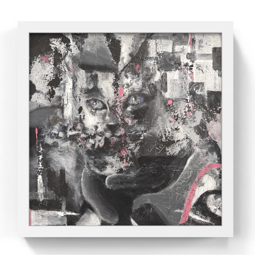 Abstract art print with black, white, and gray tones on a white background