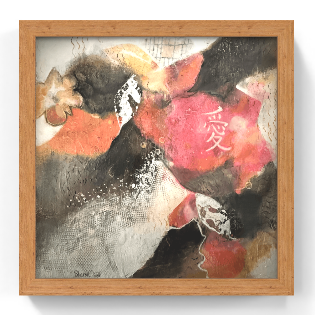 Framed abstract artwork with a wooden frame on a white background