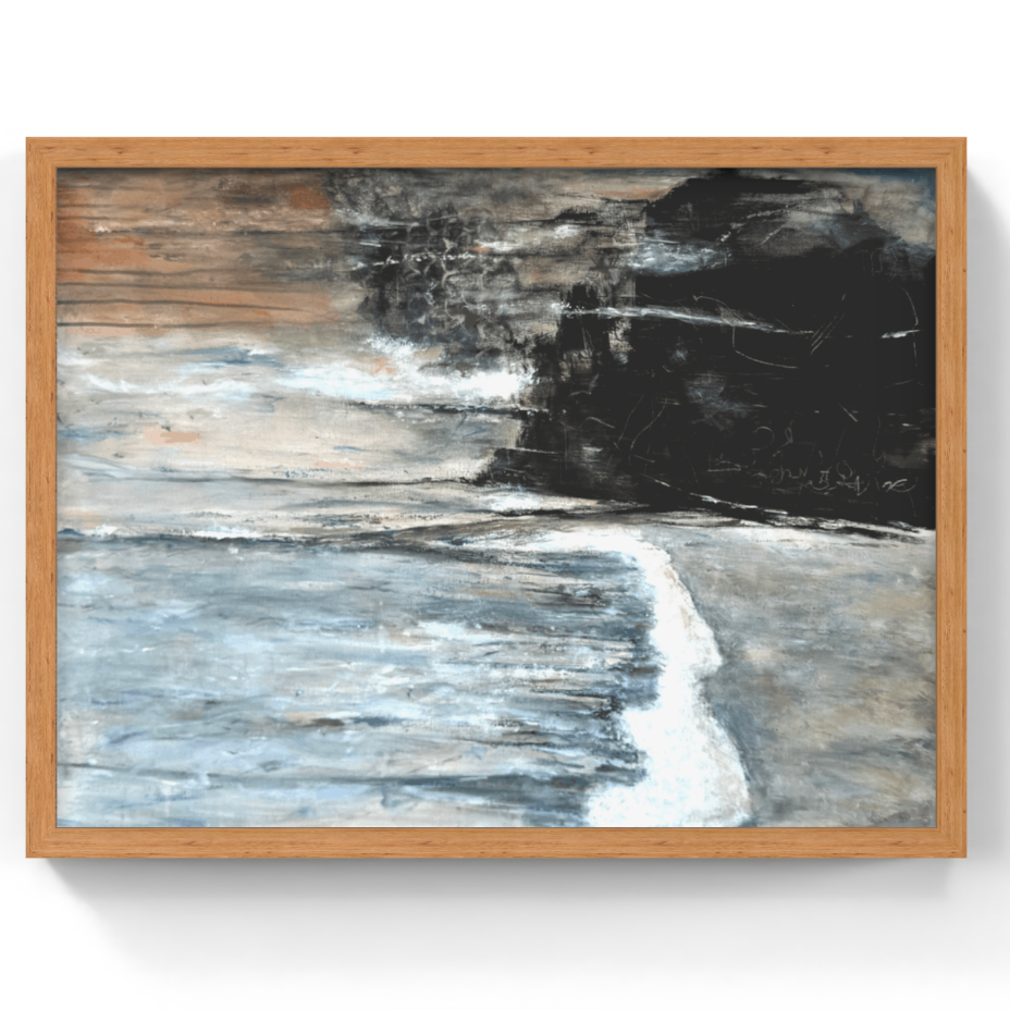 Framed abstract artwork with a natural wood frame on a white background