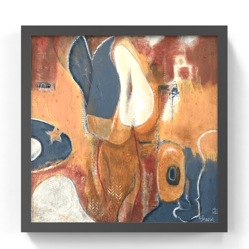 Abstract artwork with earthy tones and geometric shapes in a black frame.