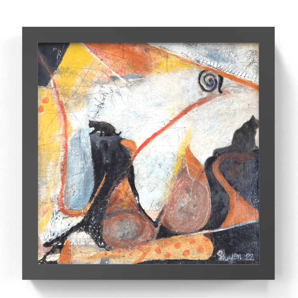 Abstract painting with colors and cats and golden hour