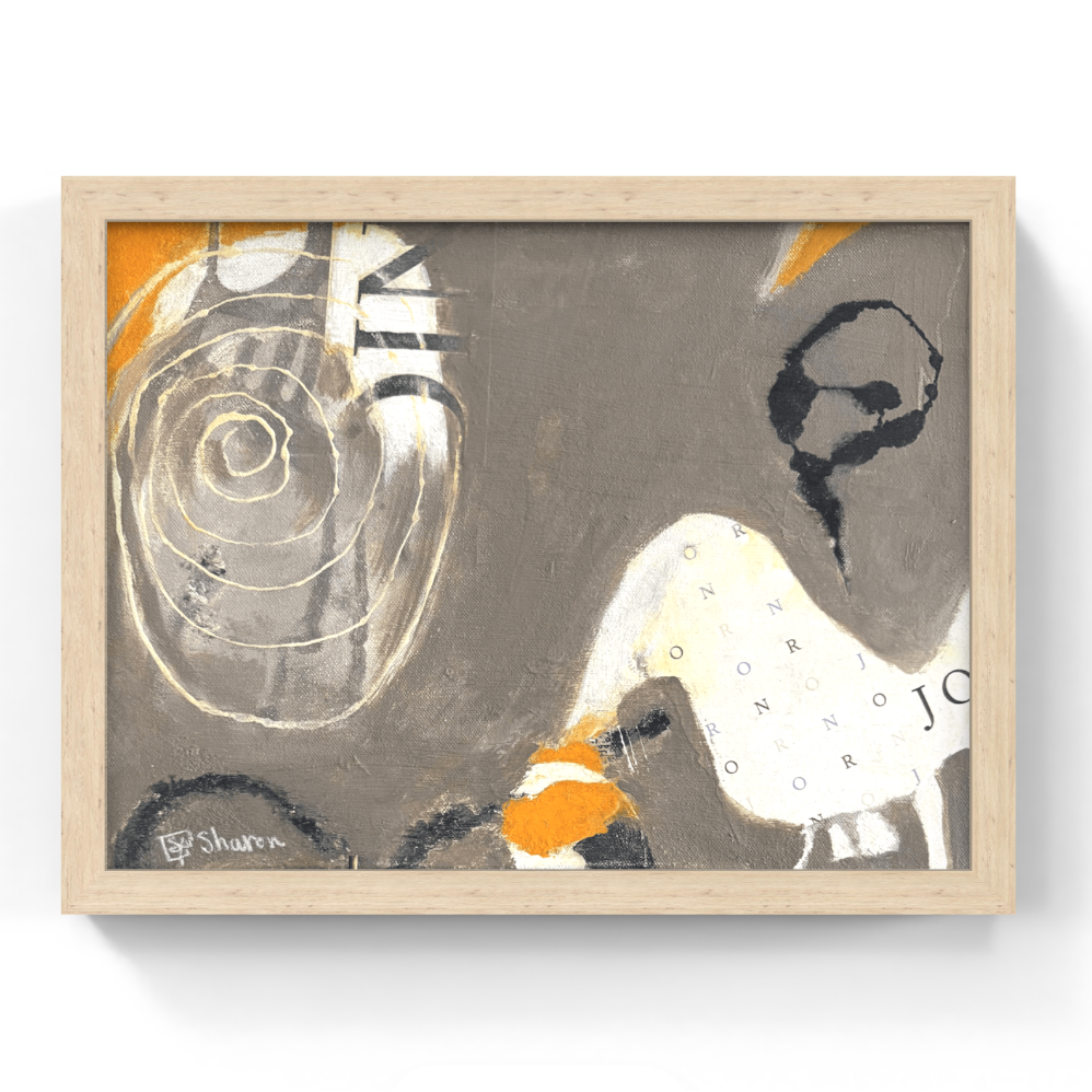 Framed abstract artwork with a person and shell design on a white background