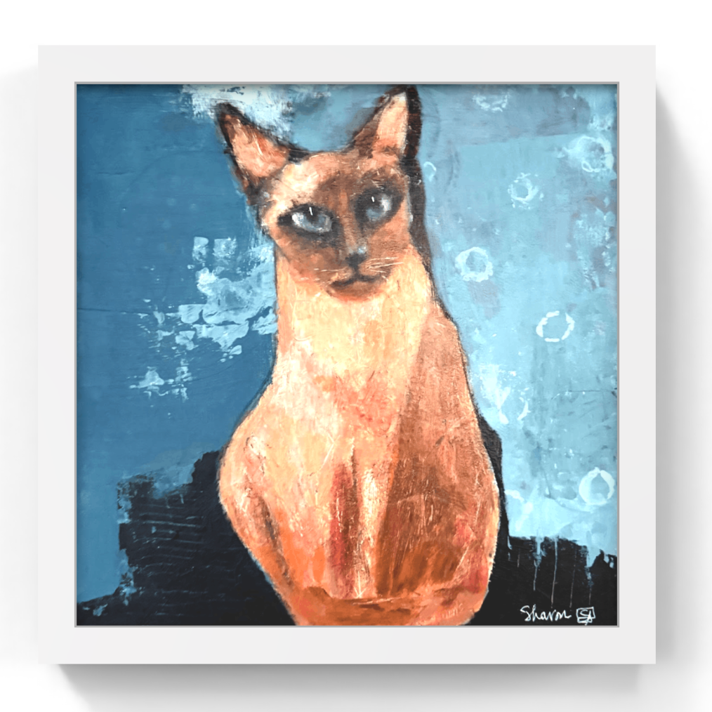 Framed artwork of a Siamese cat on a blue background