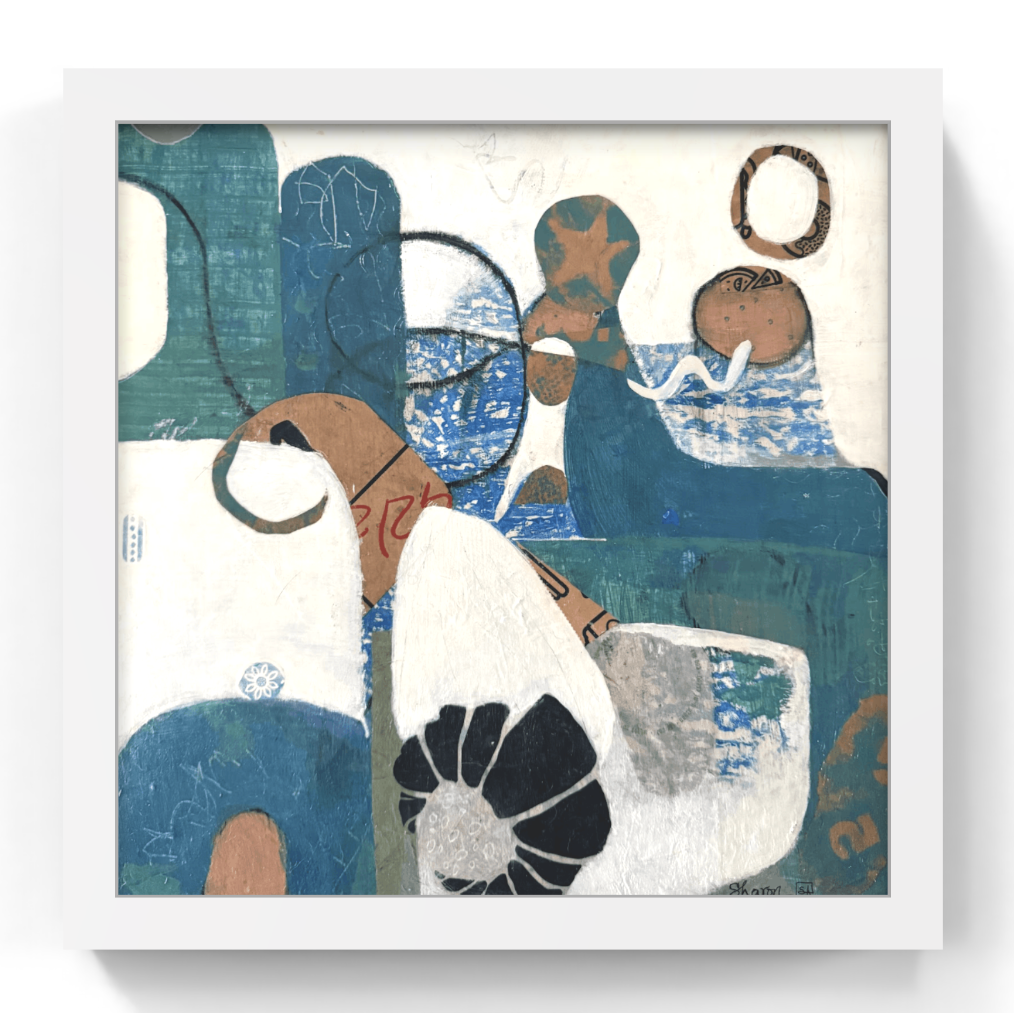Framed abstract artwork with geometric shapes and patterns on a white background