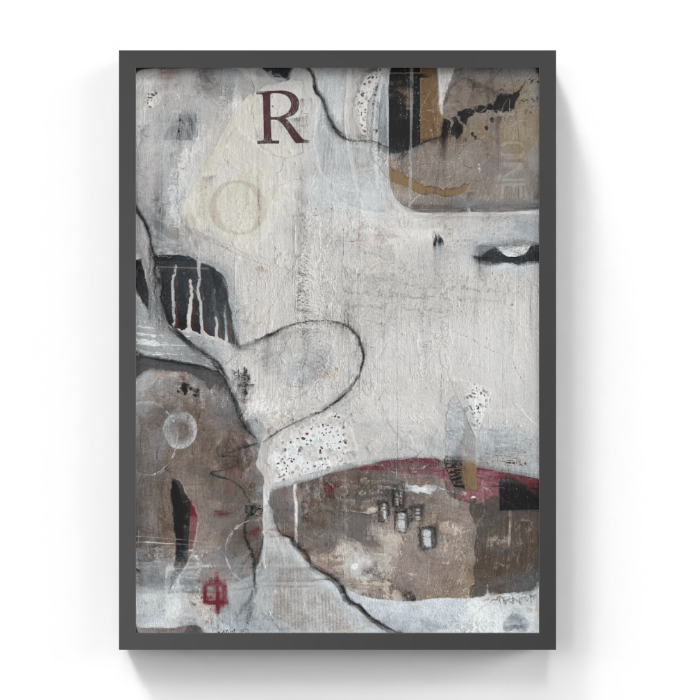 Abstract art piece with a large letter 'R' on a textured background