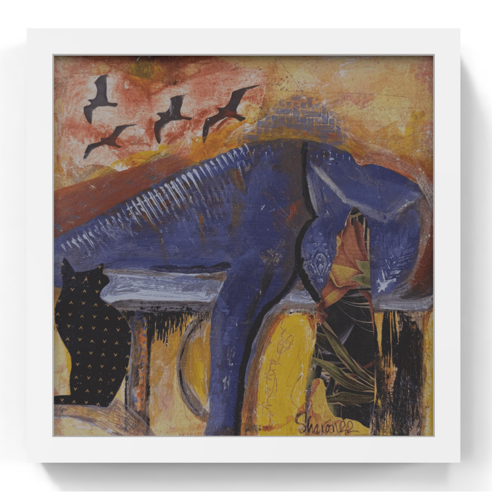 bue and black cats, black birds on a colorful background