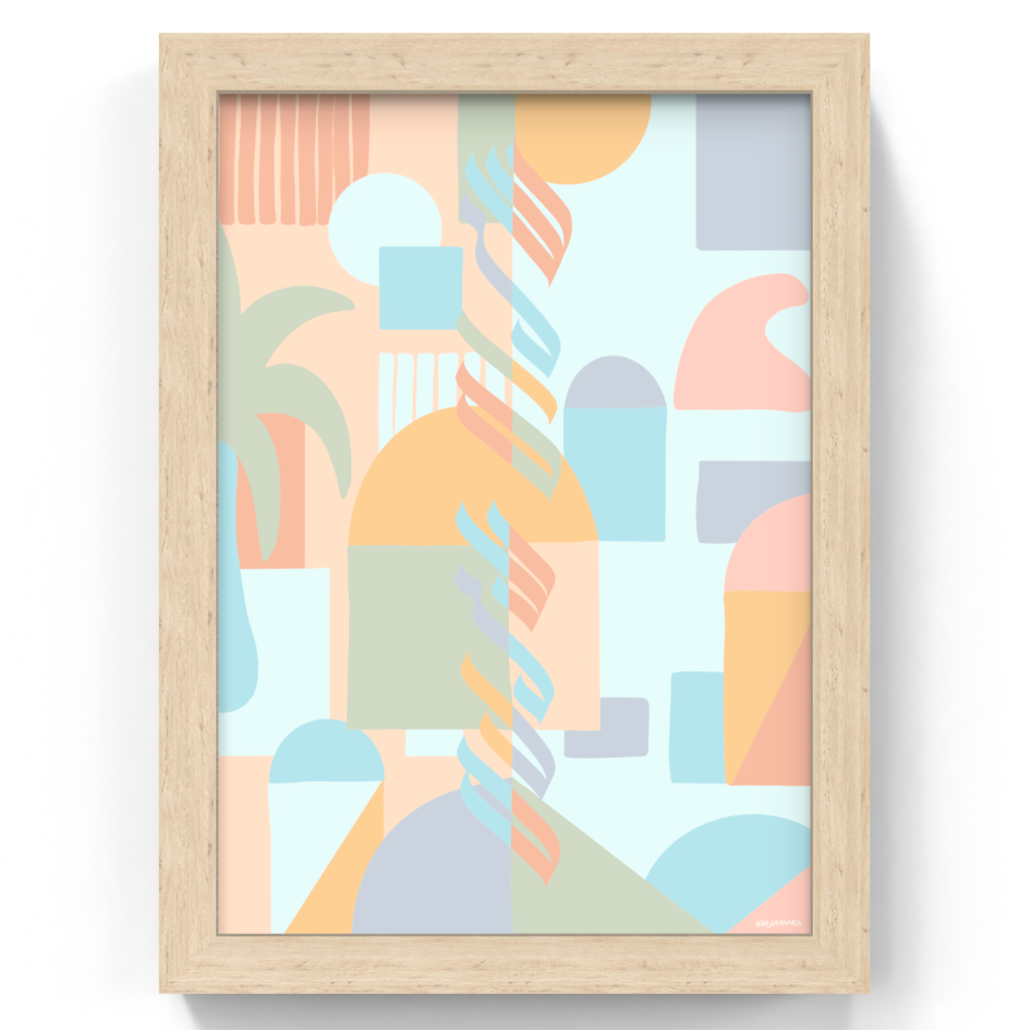 A framed art print featuring a pastel geometric design with abstract shapes, a palm tree, and striped patterns, set in a light natural wood frame against a white background.