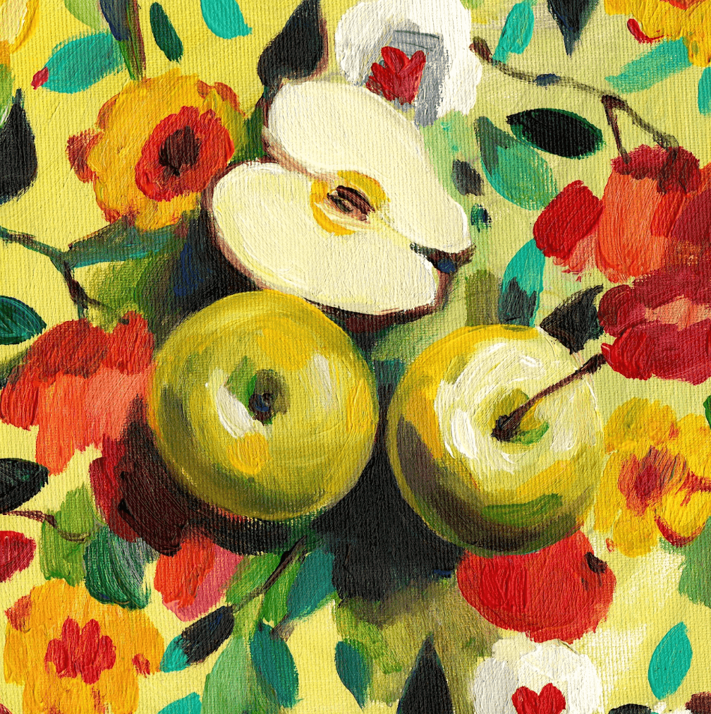 "Apples on a Floral Tablecloth" Print by Tali Yalonetzki