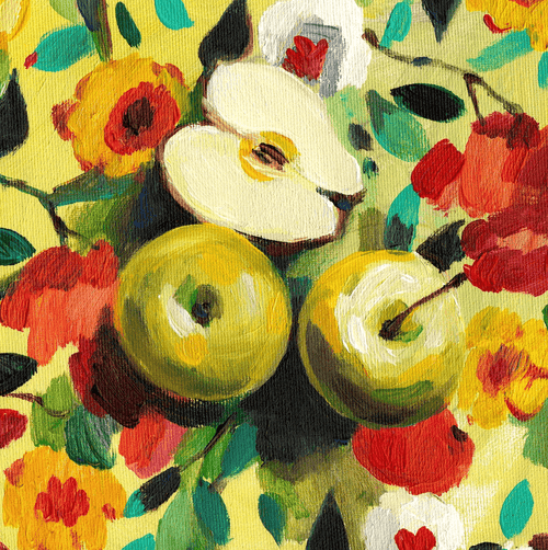 "Apples on a Floral Tablecloth" Print by Tali Yalonetzki