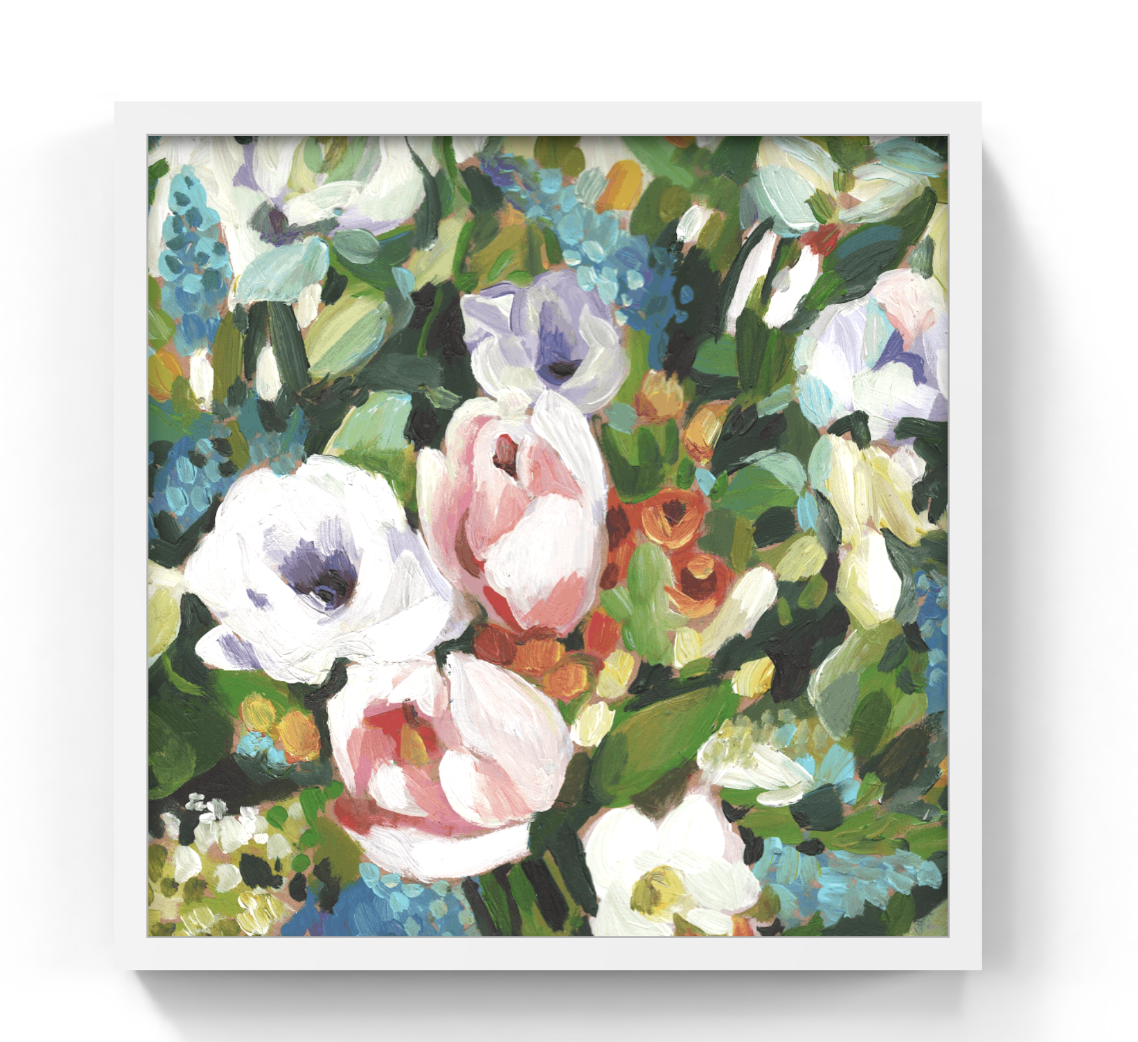A square framed floral painting featuring white, pink, and blue flowers with green leaves, presented on a clean white background with a subtle drop shadow.