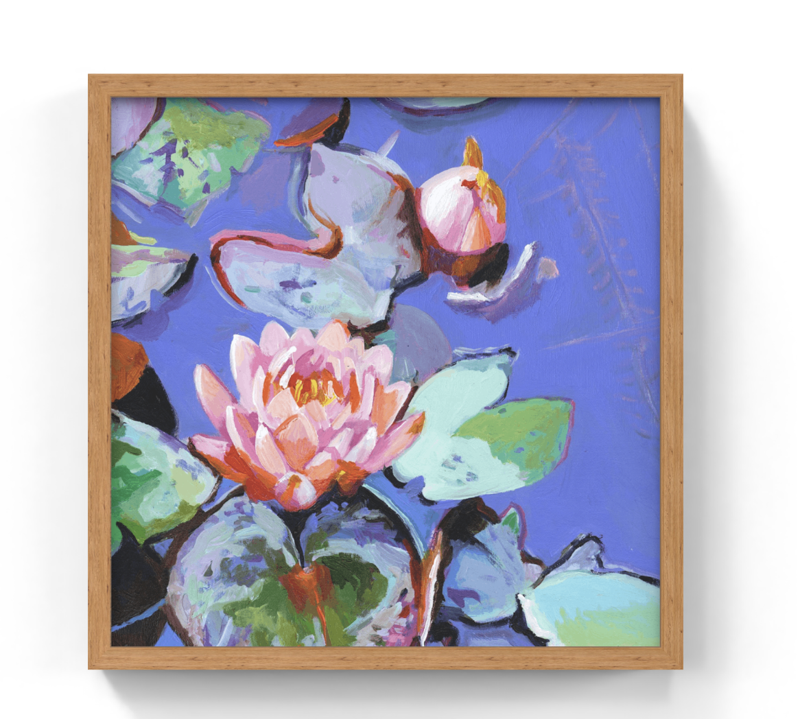 A framed square painting of a water lily pond scene, featuring pink water lilies and green lily pads on a blue water background, enclosed in a light wood frame.