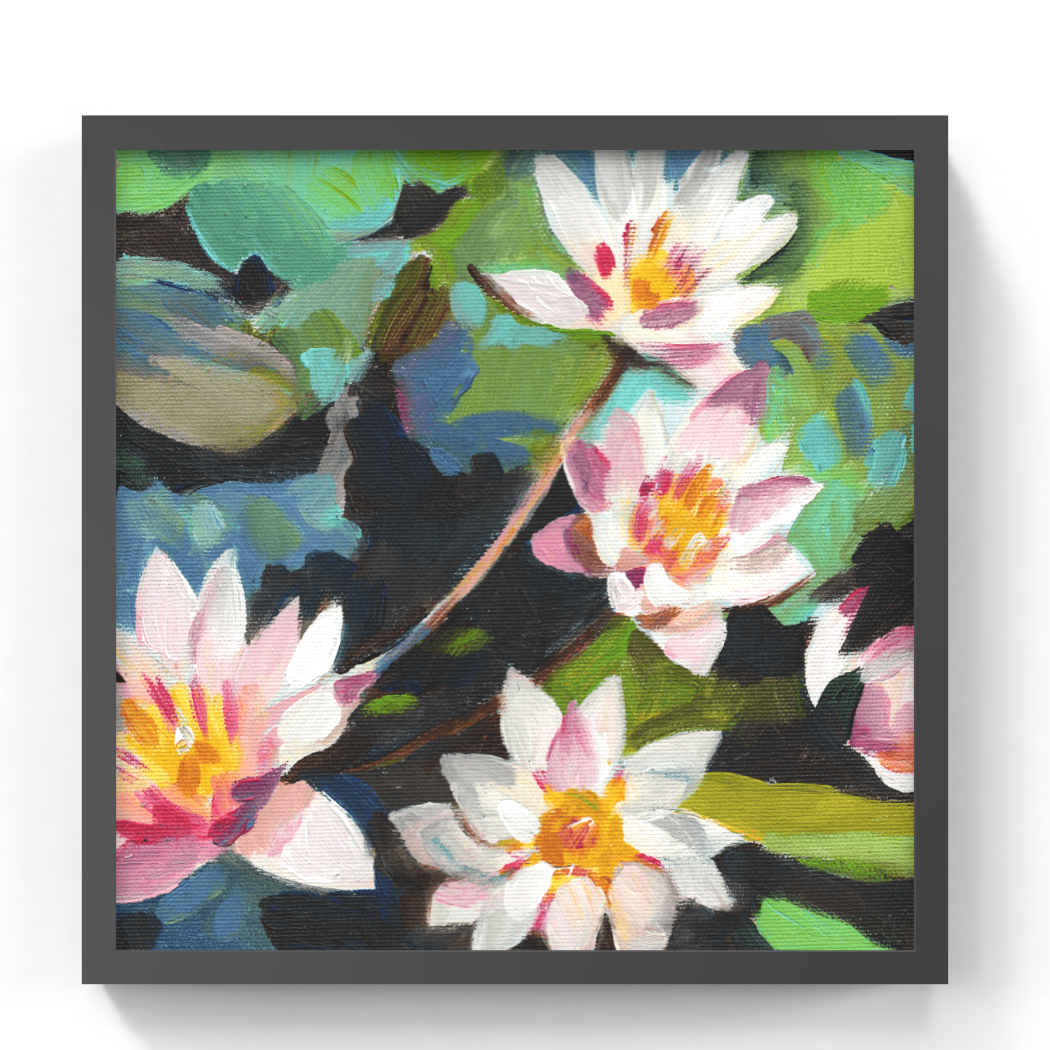 A framed square canvas art print depicting water lilies painted in expressive brushstrokes with white, pink, and yellow flowers against green and dark blue-green foliage, shown on a white background with a soft drop shadow.