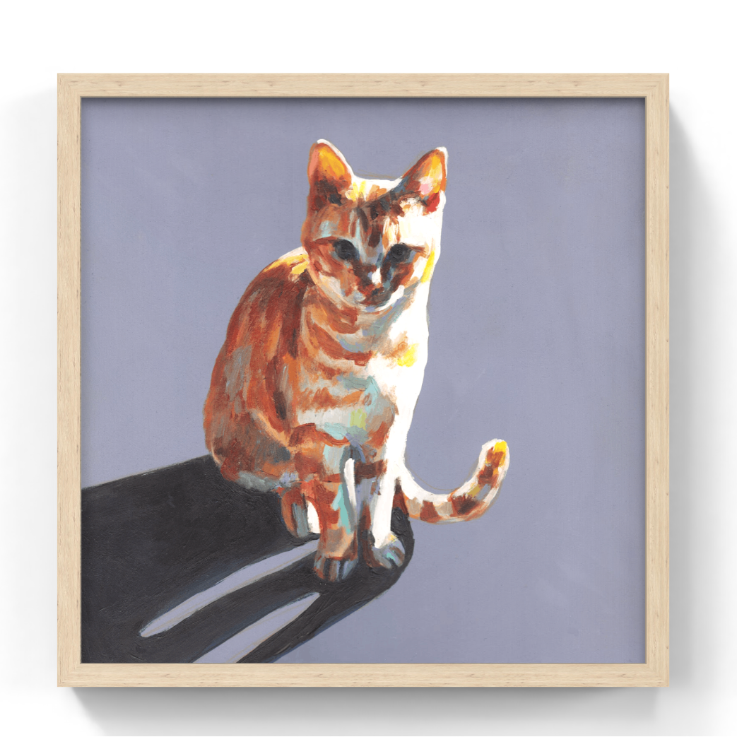ginger cat painting on purple background