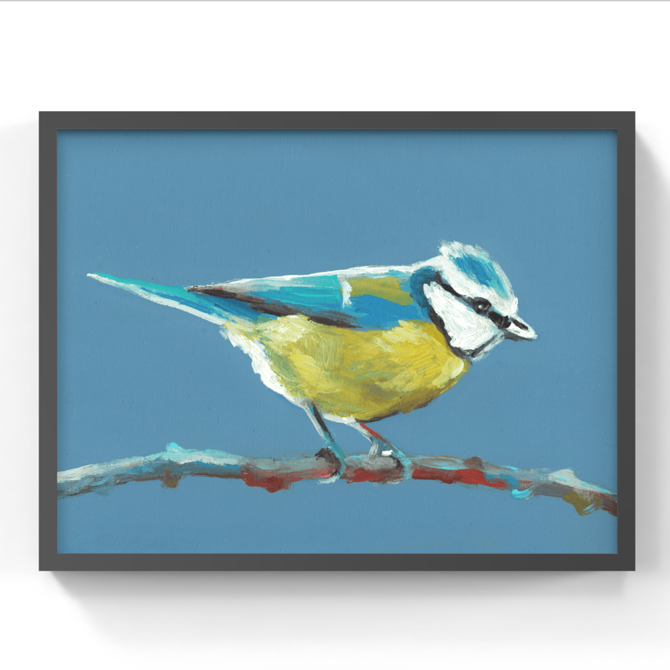 A framed painting of a bluebird perched on a branch against a solid blue background, shown on a clean white wall.