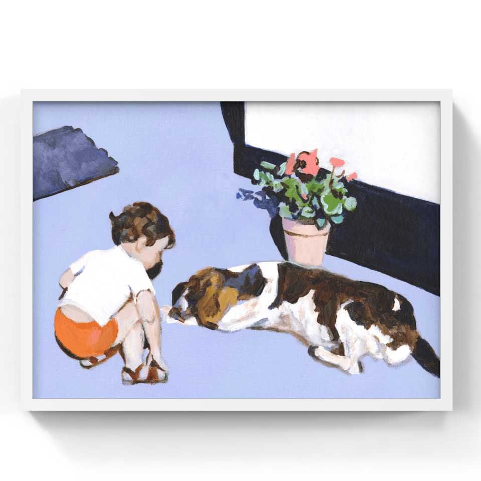 A framed art print featuring an impressionistic painting of a child in orange shorts and a brown-and-white dog on a light blue floor, with a potted plant nearby, shown against a white background.