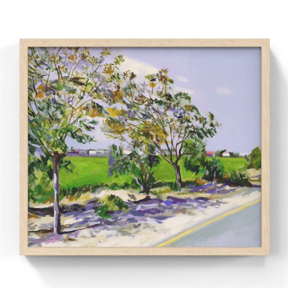 A square framed landscape painting featuring green trees, a grassy field, a pale sky, and a road in the foreground, shown against a white background.