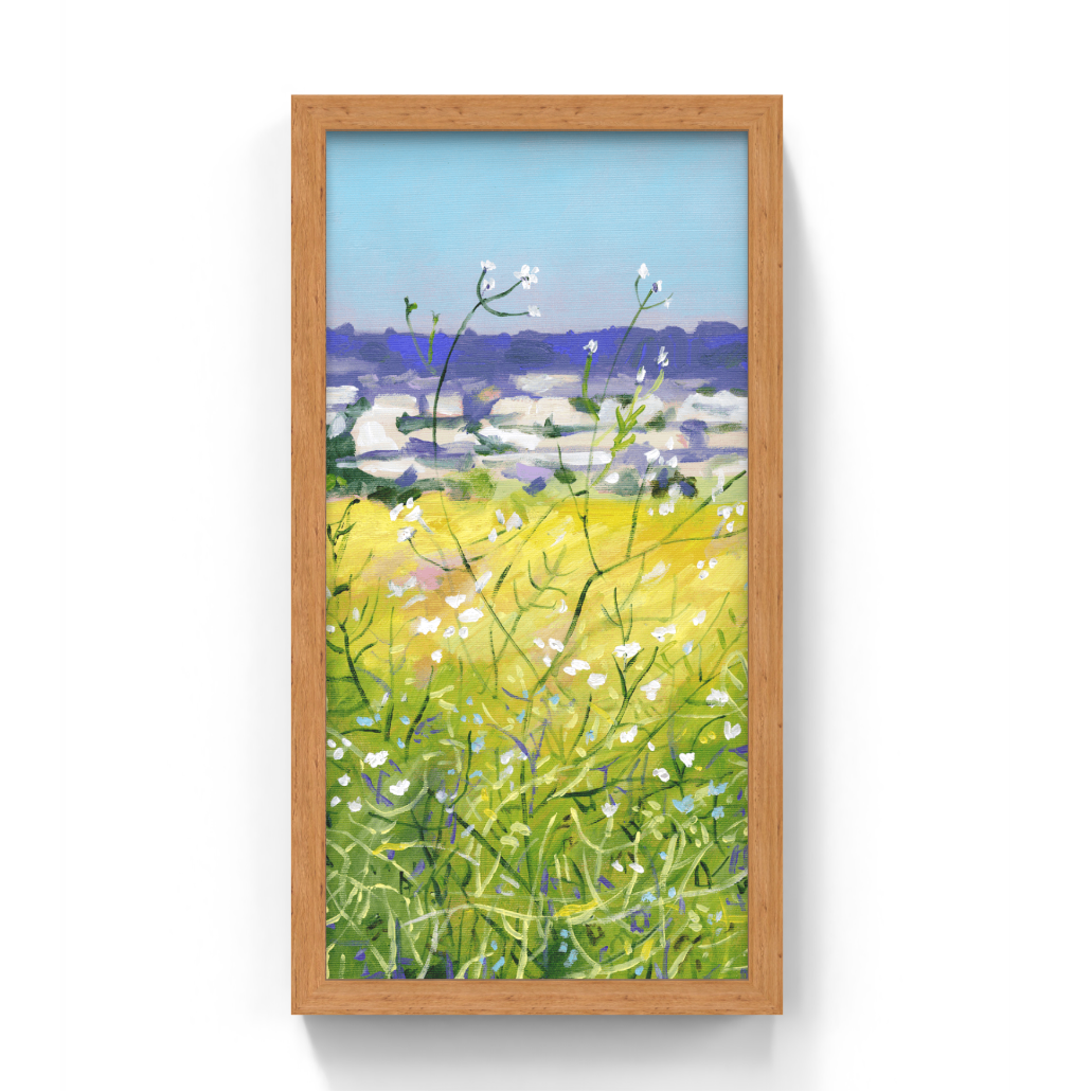 A bright landscape of wildflowers and open fields along the road to the wadi, originally painted in acrylic on canvas. Fresh greens, yellows, and soft blues capture the colors and openness of the Israeli countryside.