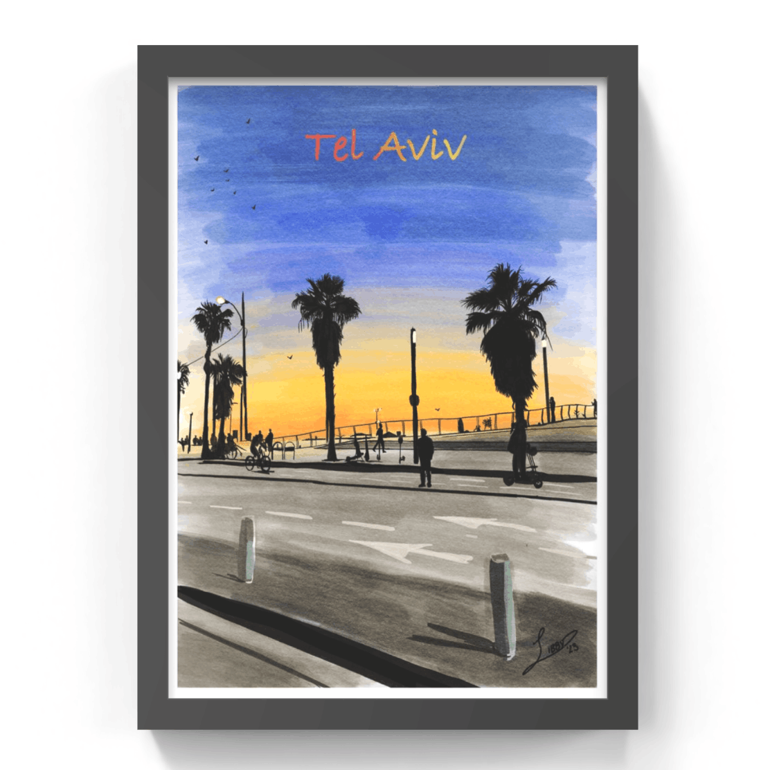 Framed artwork of a city street with palm trees and 'Tel Aviv' text.
