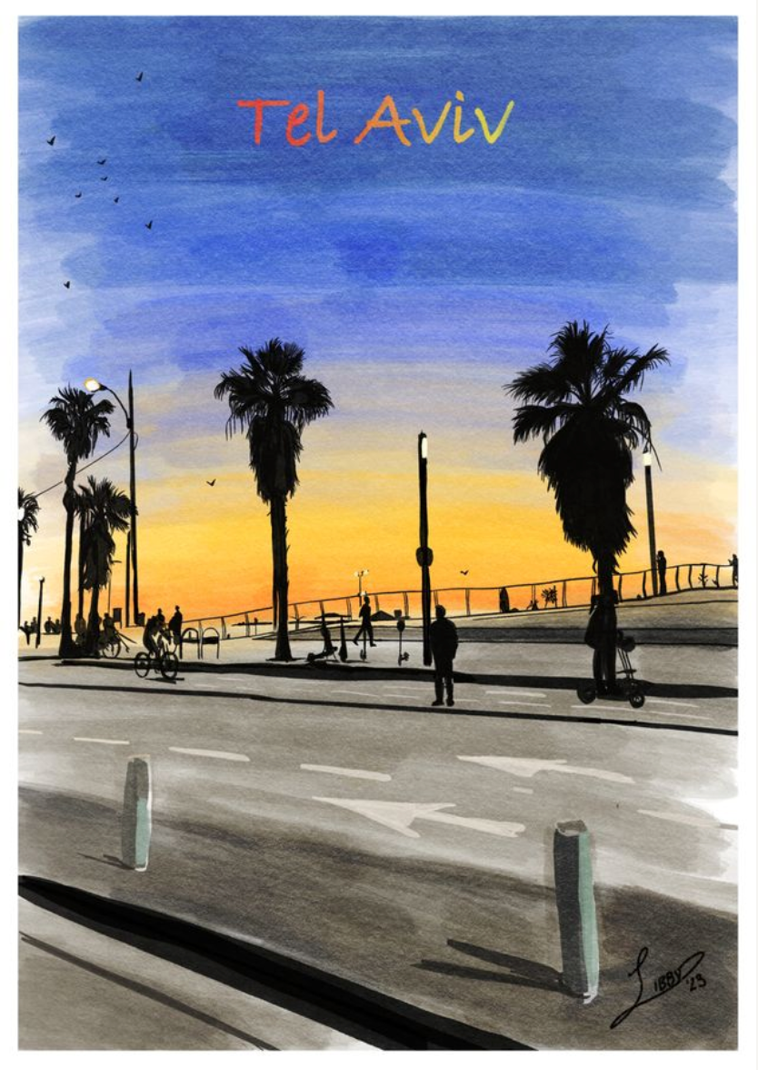 Artistic depiction of a street scene with palm trees and people in Tel Aviv, featuring the text 'Tel Aviv'.