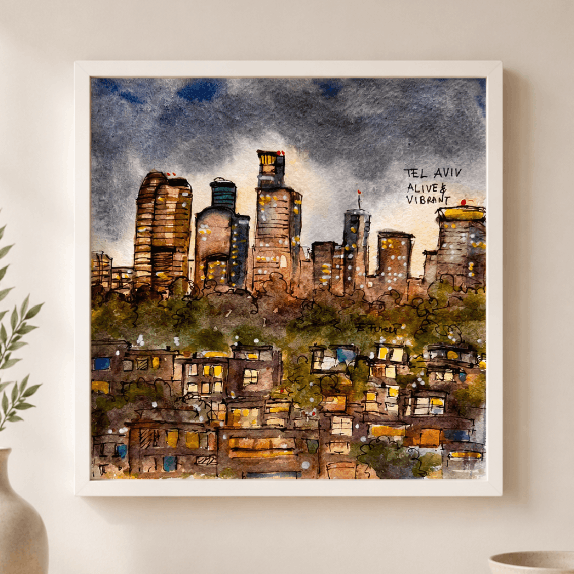 Framed artwork of a cityscape on a wall with decorative elements below.